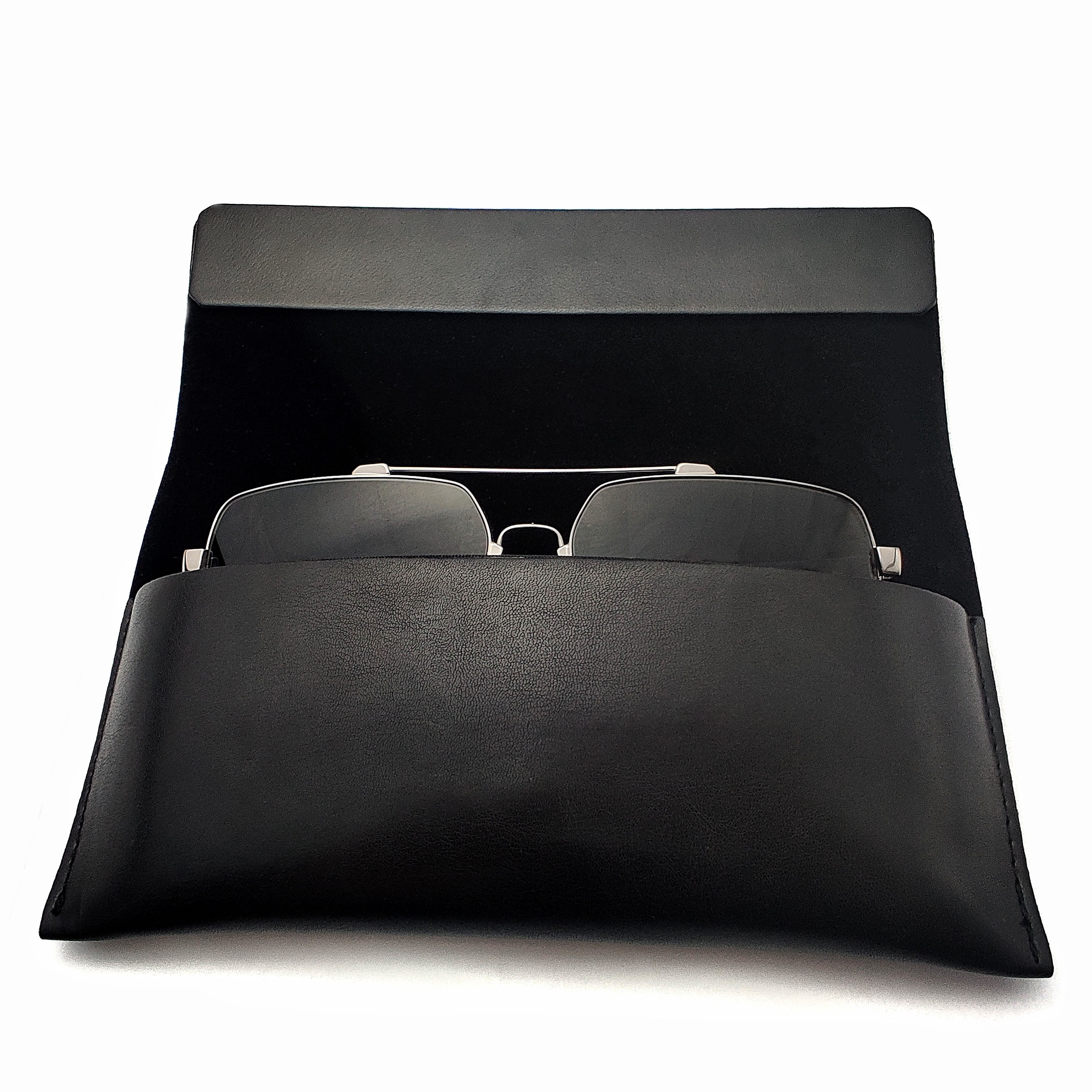Estuche para gafas personalizado de cuero magnético con botón oculto negro Caja plegable suave de gama alta